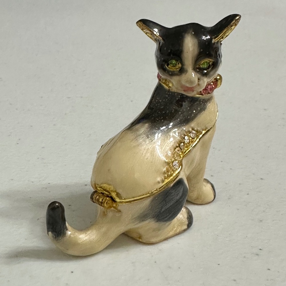 Enameled Siamese / Tuxedo Cat Jeweled Green Eyes Magnetic Hinged Trinket Box